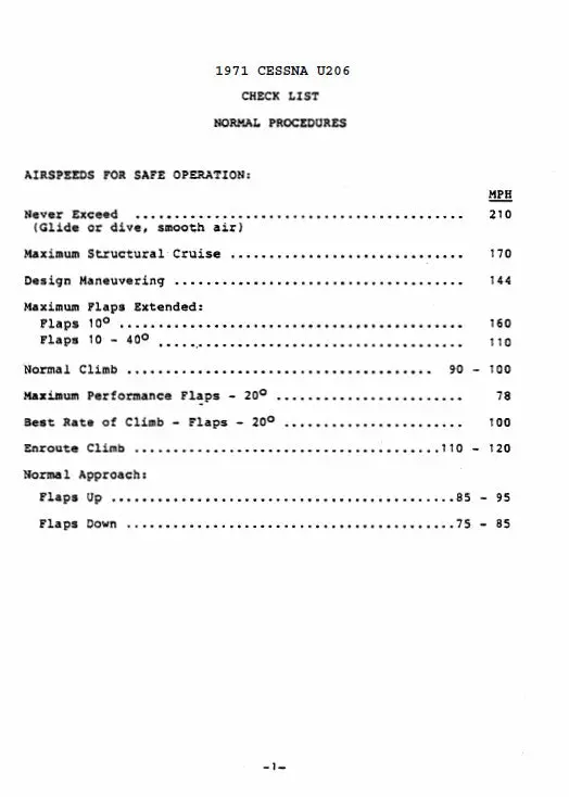 Cessna U206 1971 Pilot's Checklist (Ceu206-71-Cl-C) 1