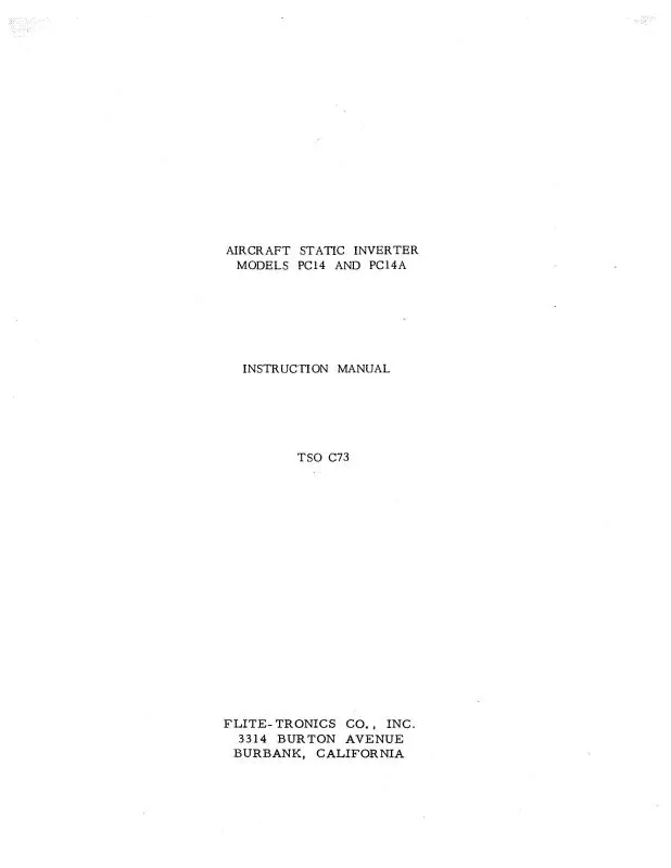 Flite-Tronics, Inc. Pc14, Pc14a Static Inverter Instruction Manual  1965 (Tso C73) 1