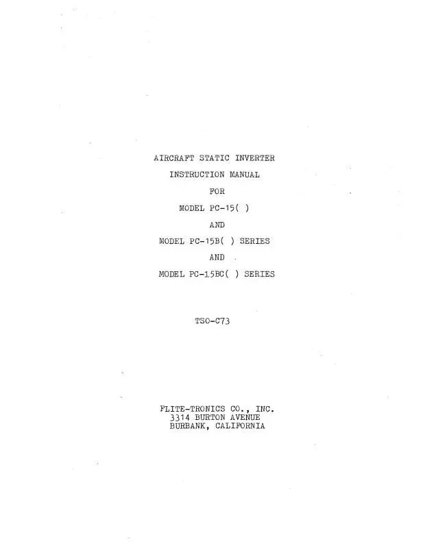 Flite-Tronics, Inc. Pc-15, Pc-15B, Pc-15Bc Static Inverter Instruction Manual  1966 (Tso C73) 1