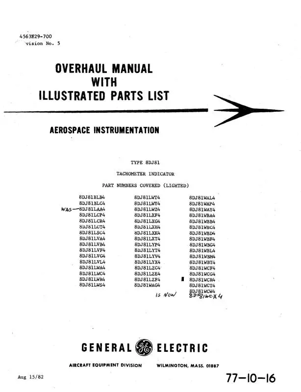 General Electric Company Tachometer Indicator Overhaul Instructions With Illustrated Parts 1982 (4563K29-700) 1