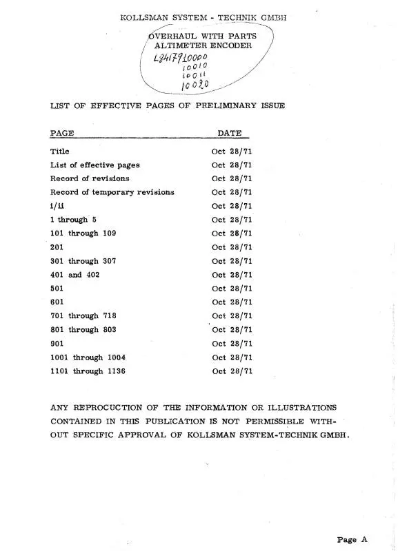 Kollsman Altimeter Encoder Overhaul Manual With Parts 1971 1