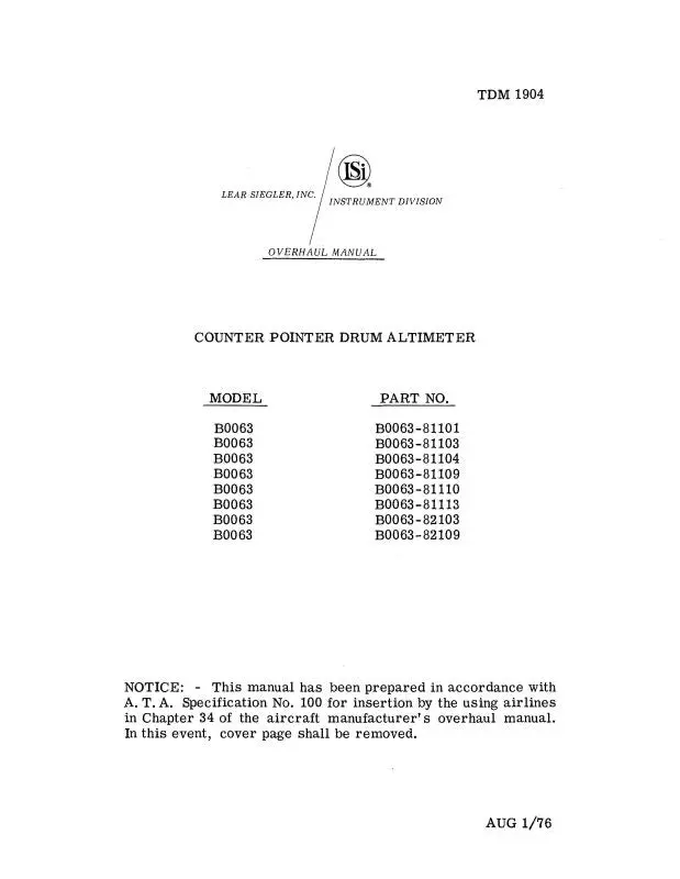 Lear Seigler Counter Pointer Drum Altimeter Overhaul Manual 1976 (Tdm 1904) 1