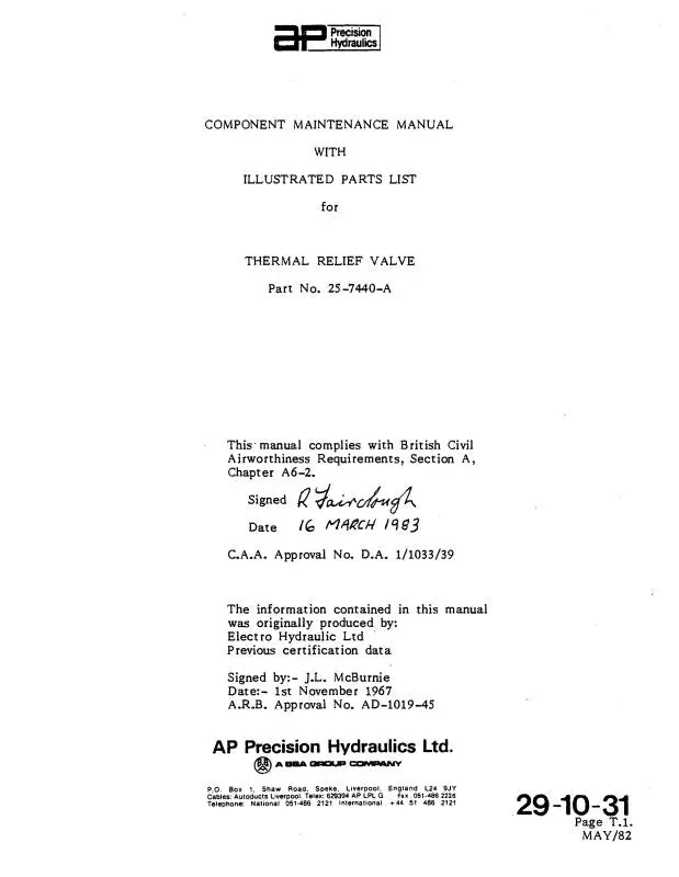 Ap Precision Hydraulics Thermal Relief Valve Maintenance With Parts 1982 (29-10-31) 1