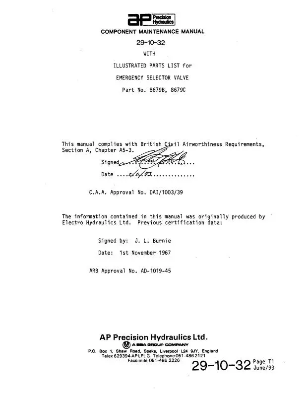 Ap Precision Hydraulics Emergency Selector Valve Maintenance With Parts 1993 (29-10-32) 1