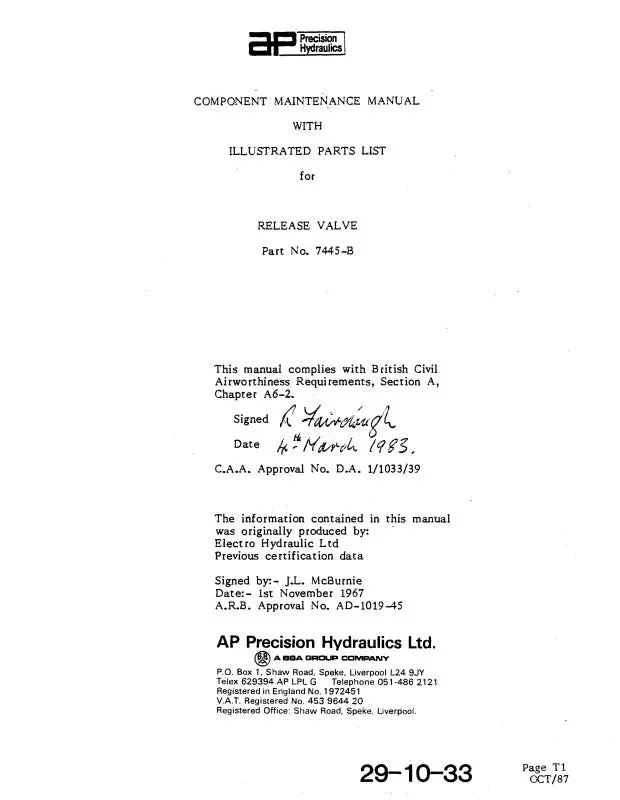 Ap Precision Hydraulics Release Valve Maintenance With Parts 1987 (29-10-33) 1