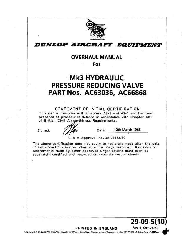 Dunlap Mk3 Hydraulic Pressure Valve Overhaul Manual 1968 (29-09-5) 1