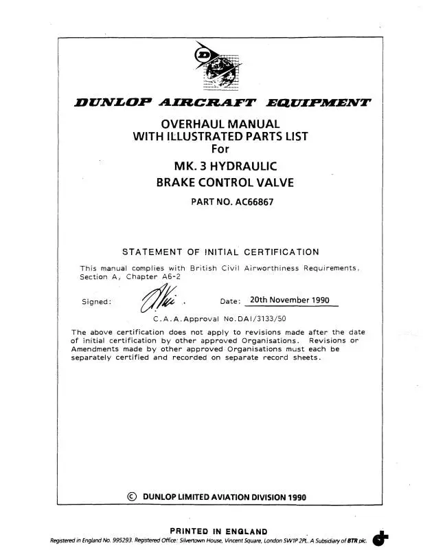 Dunlap Mk3 Hydraulic Brake Control Valve Overhaul Manual With Parts 1990 (29-09-7(8)) 1