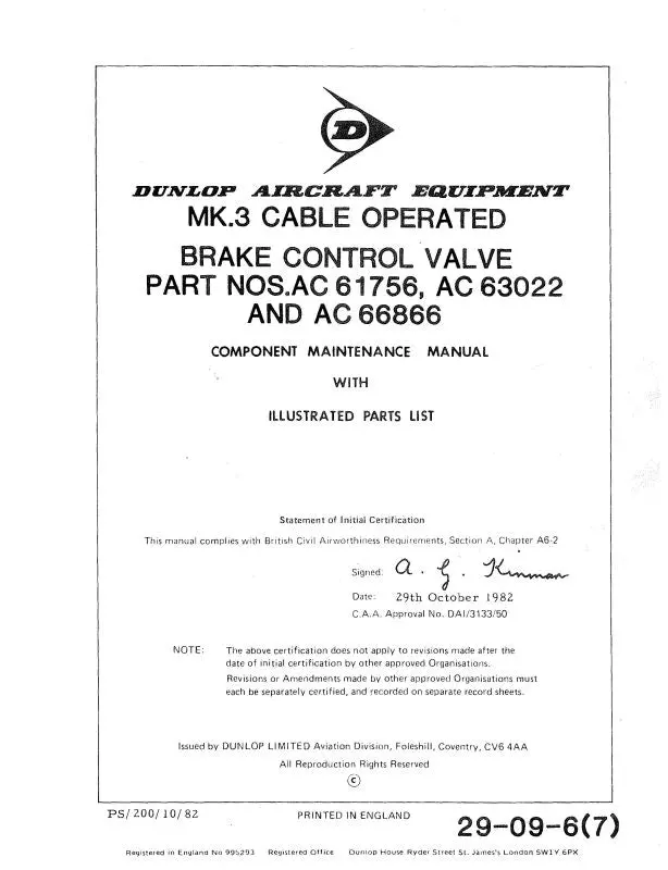 Dunlap Mk3 Cable Operated Brake Control Valve Maintenance Manual With Parts 1982 (29-09-6(7)) 1