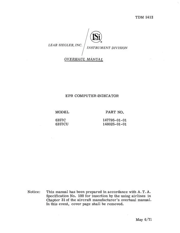 Lear Seigler Epr Computer-Indicator Overhaul Manual 1971 (Tdm 1412) 1