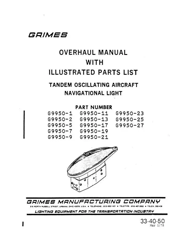 Grimes Tandem Oscillating Aircraft Navigational Light Overhaul With Illustrated Parts 1978 (33-40-50) 1