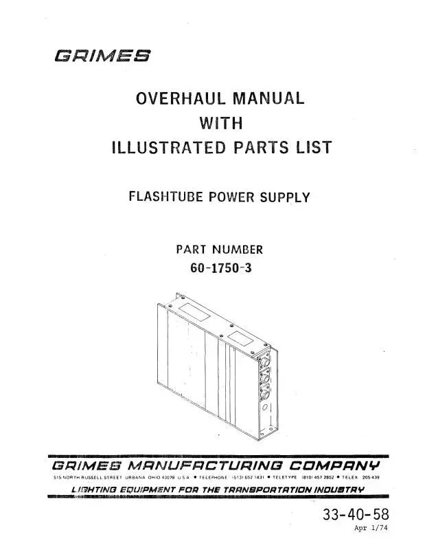 Grimes Flashtube Power Supply 1974 Overhaul Manual With Illustrated Parts (33-40-58) 1