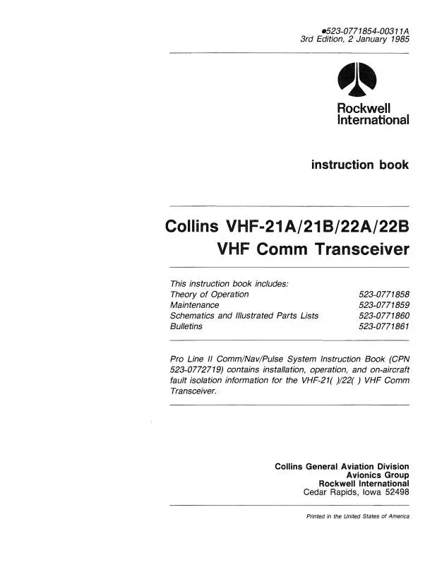 Collins Vhf-21A-21B-22A-22B Vhf Comm Transceiver Instruction Book 1985 (523-0771854-00311A) 1