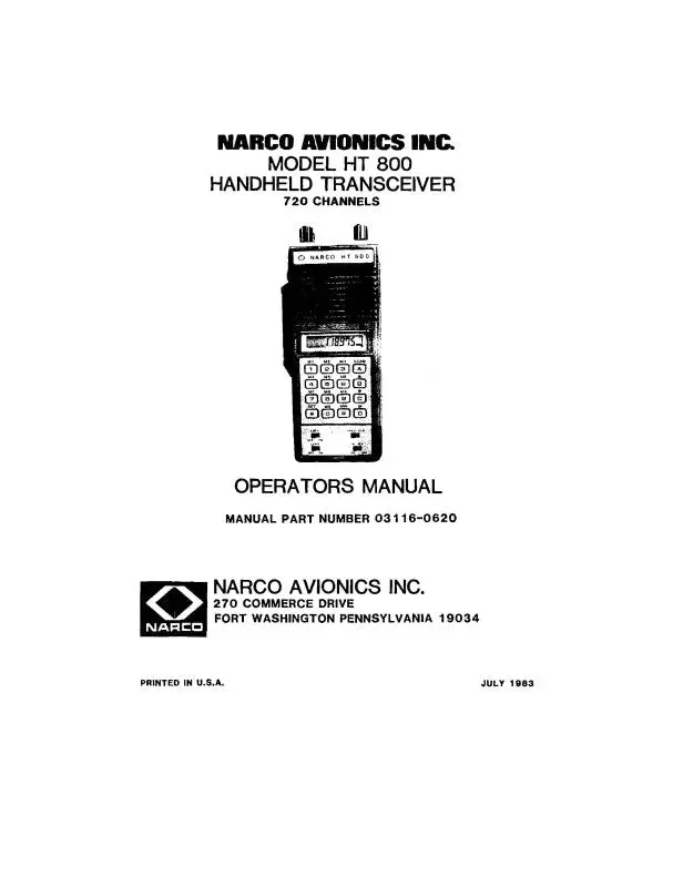 Narco Ht 800 Handheld Transceiver Operators Manual 1983 (03116-0620) 1