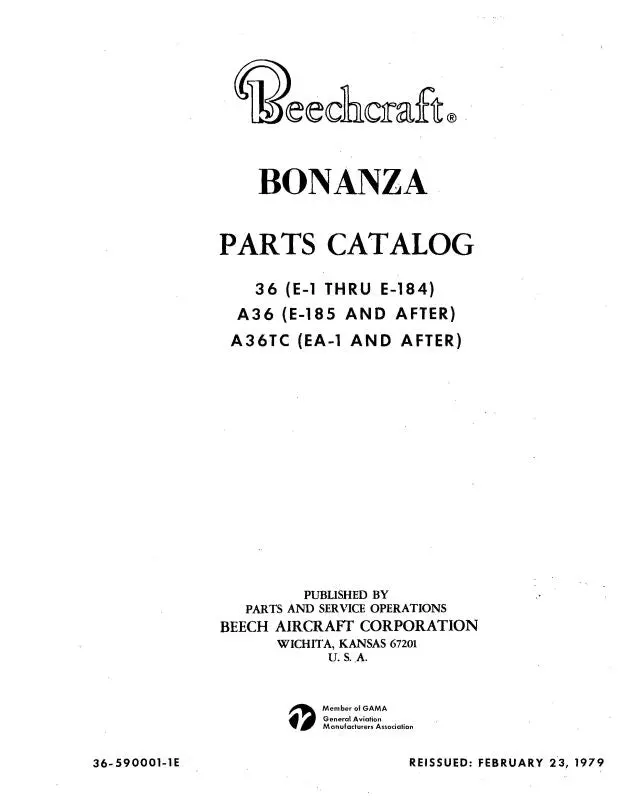 Beech 36, A36, A36tc Bonanza Parts Catalog (36-590001-1E) 1