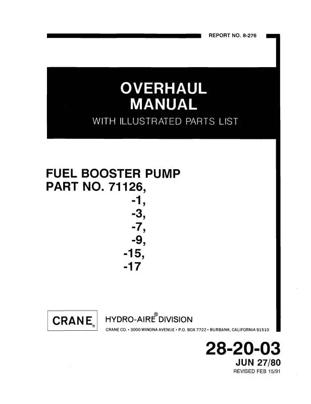 Hydro-Aire Fuel Booster Pump 1980 Overhaul With Illustrated Parts (8-276) 1