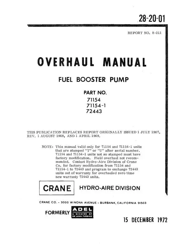 Hydro-Aire Fuel Booster Pump 1972 Overhaul Manual (8-211) 1