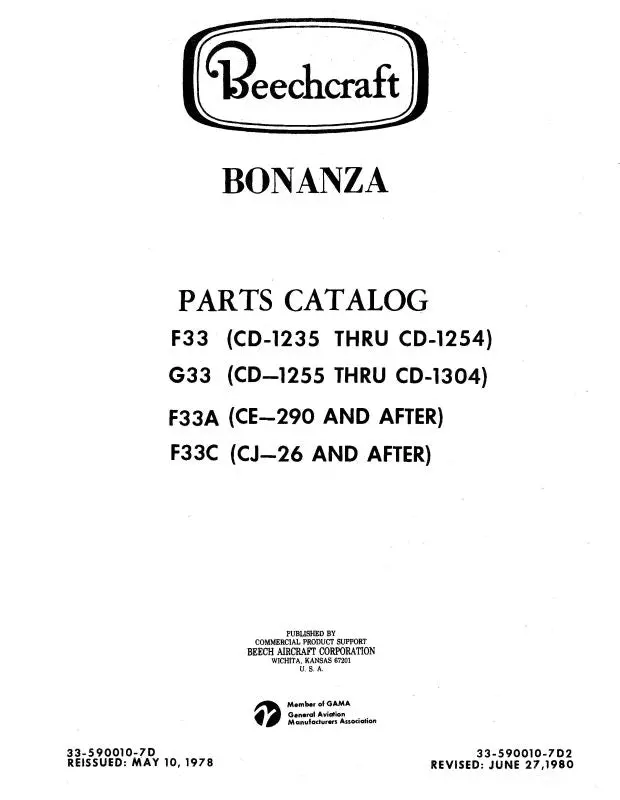 Beech F33,G33,F33a,F33c Bonanza Parts Catalog (33-590010-7C) 1