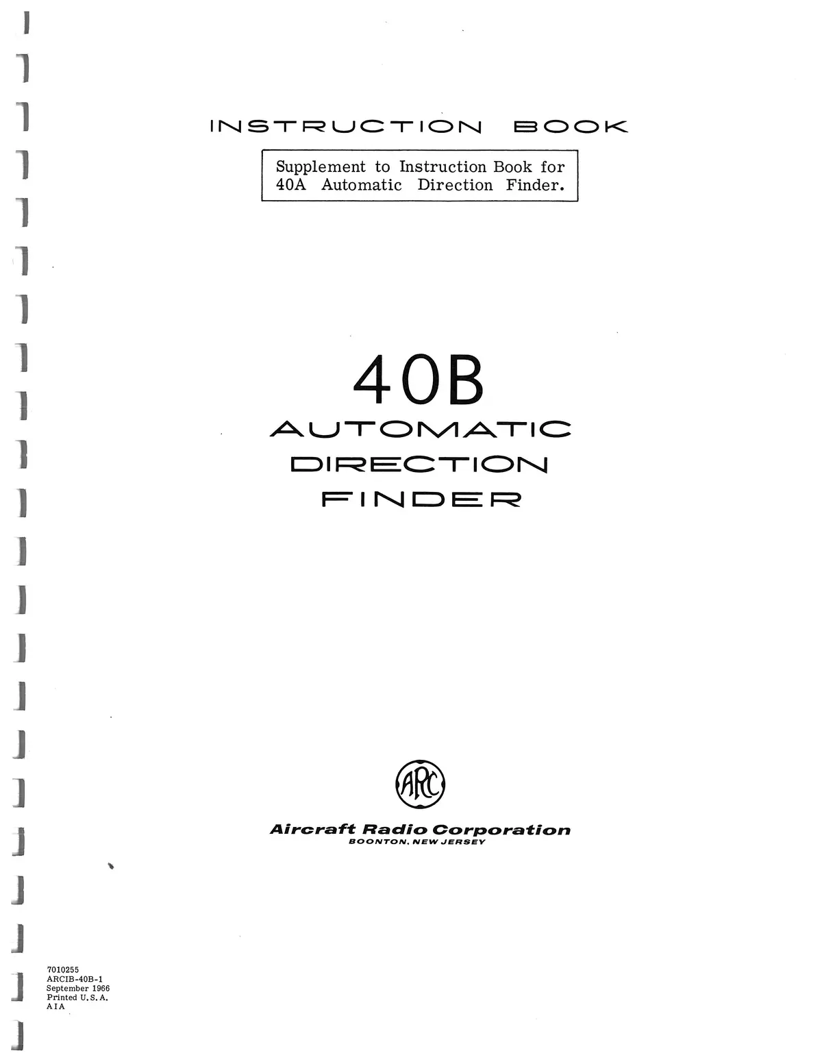 Aircraft Radio Corporation Arc 40B Auto. Direction Finder Instruction Book (Ar40b-In-C) 1