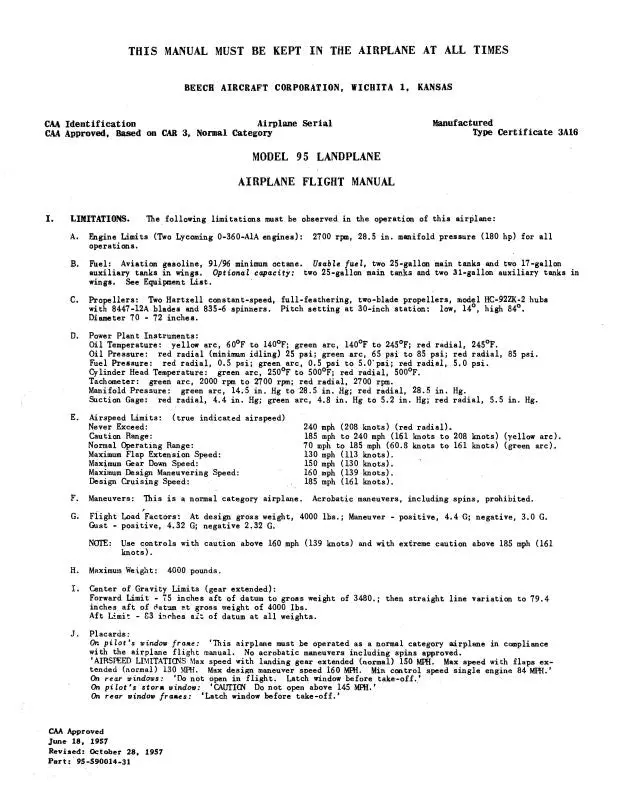 Beech Travel Air 95 Series Flight Manual (95-590014-31) 1