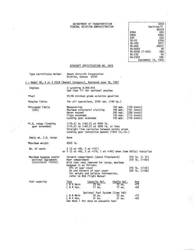 Beech Travel Air 95 Series Aircraft  Specifications (Be95-Spec-C) 1