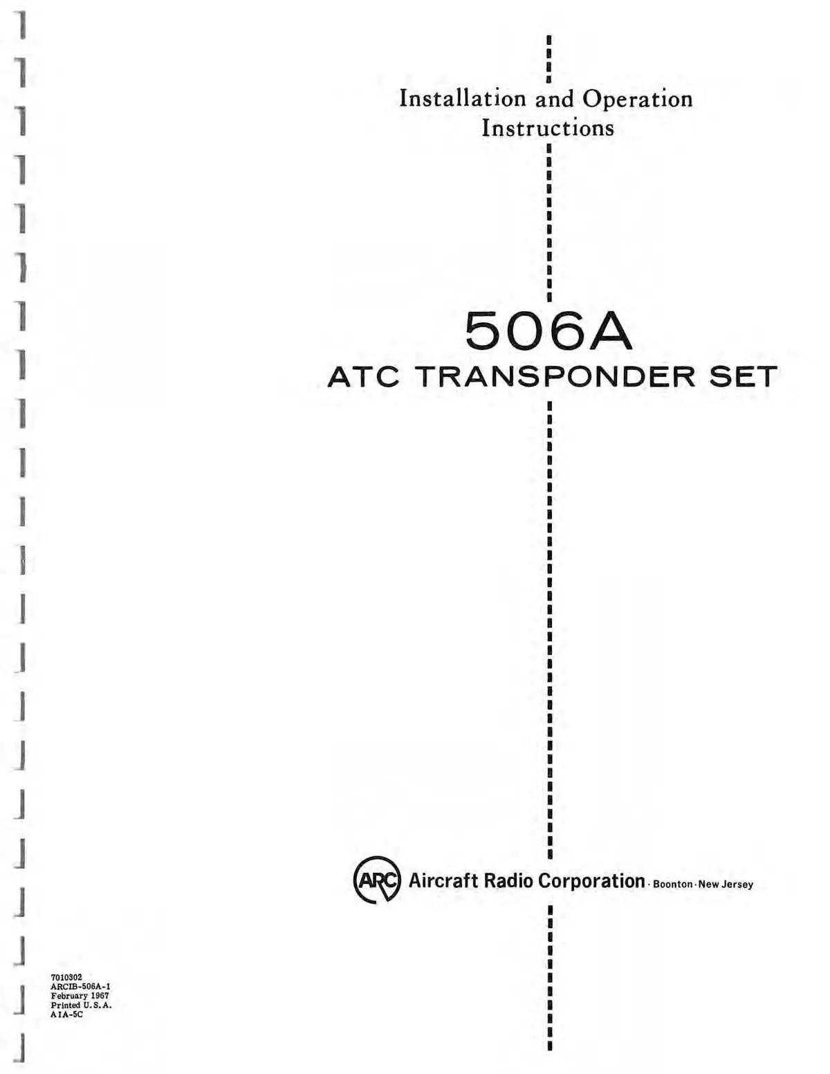 Aircraft Radio Corporation Arc 506A Atc Transponder Set Installation & Operation Instructions (Ar506a-In-C) 1