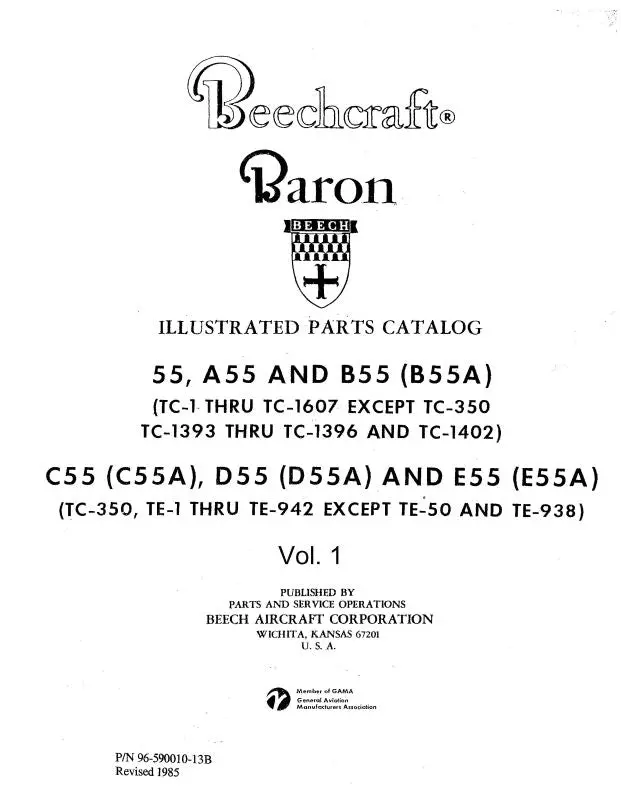 Beech 55,A55,B55,C55,D55,E55 Baron Illustrated Parts Catalog (96-590010-13) 1