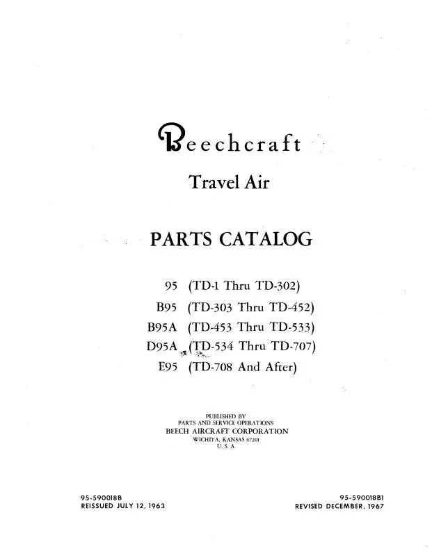 Beech 95,B95,B95a,D95a Travelair Parts Catalog (95-590018B) 1