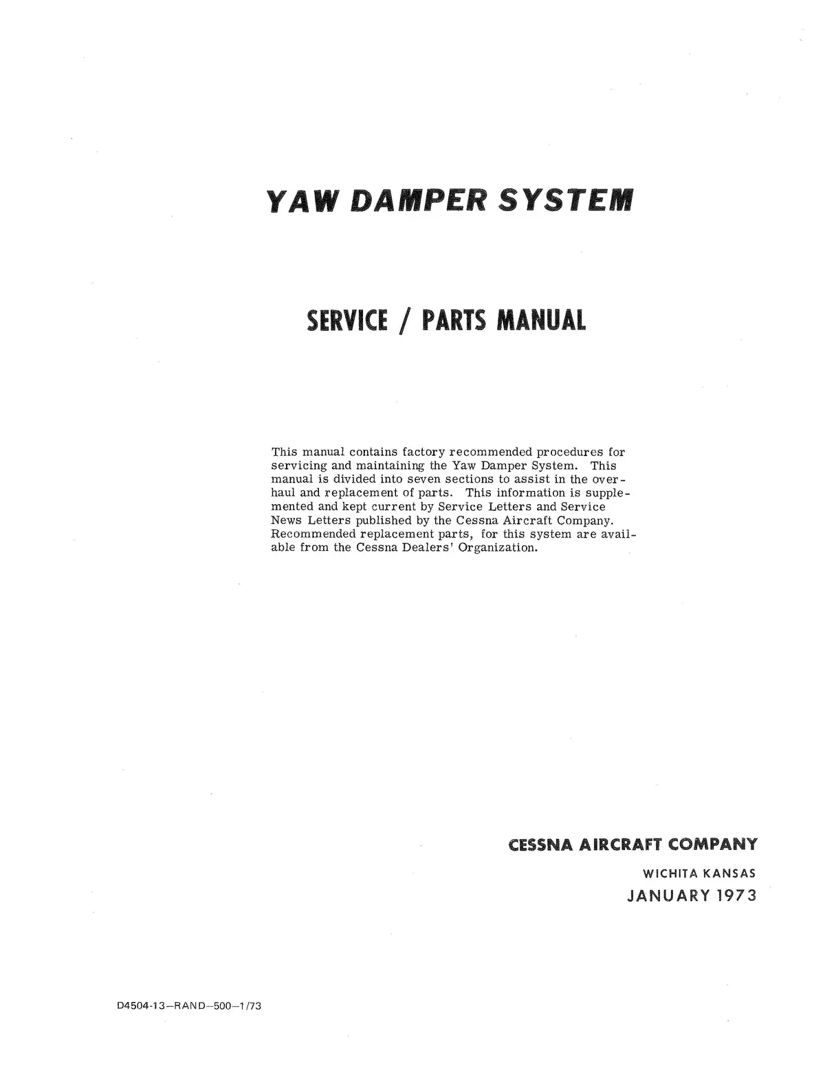 Cessna 1973 Yaw Damper System Service-Parts Manual 1