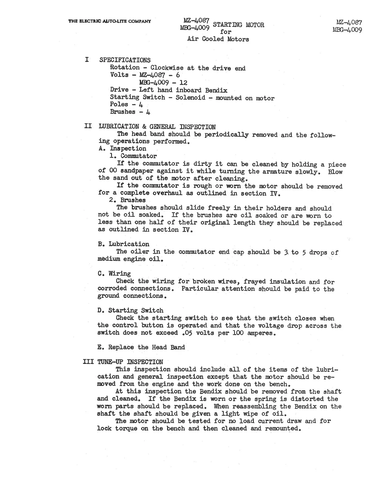Auto-Lite Starting Motor For Air Cooled Motors Mz-4087, Mbg-4009 Service Information Manual (Mz-4087, Mbg-4009) 1