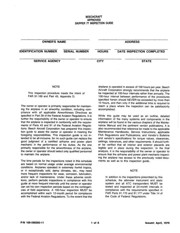Beech 77 Inspection Guide Pack Inspection Guide Pack (108-590000-11) 1