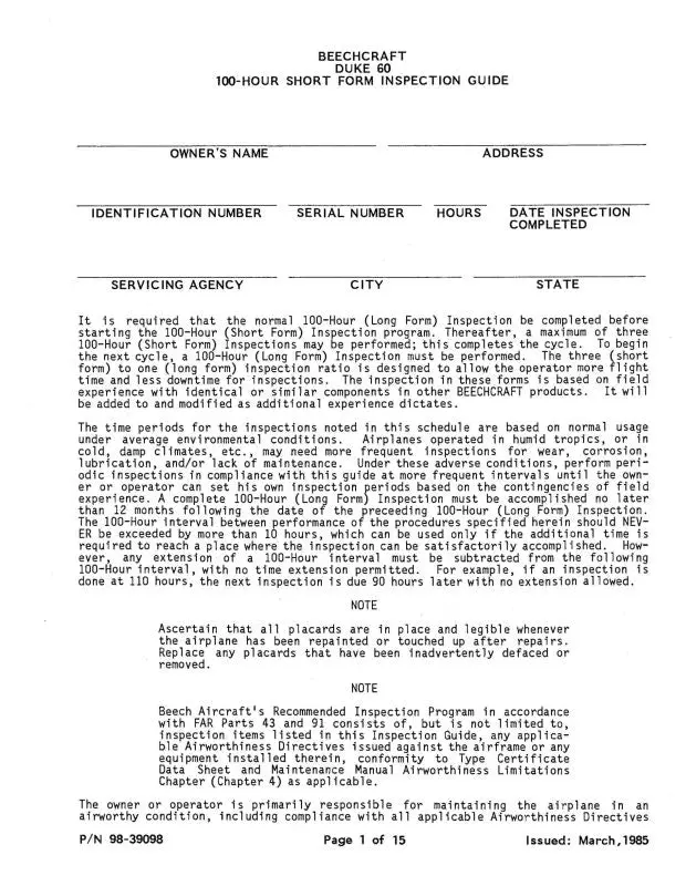 Beech Duke 60 Series Inspection Guide (98-39098) 1
