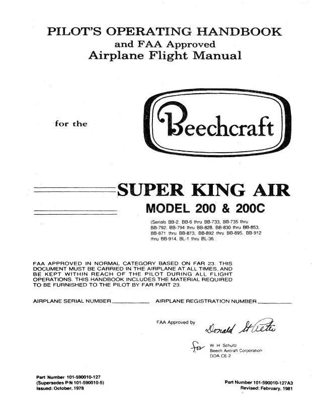 Beech King Air 200 Series Pilot's Operating Handbook & Flight Manual (101-590010-127) 1