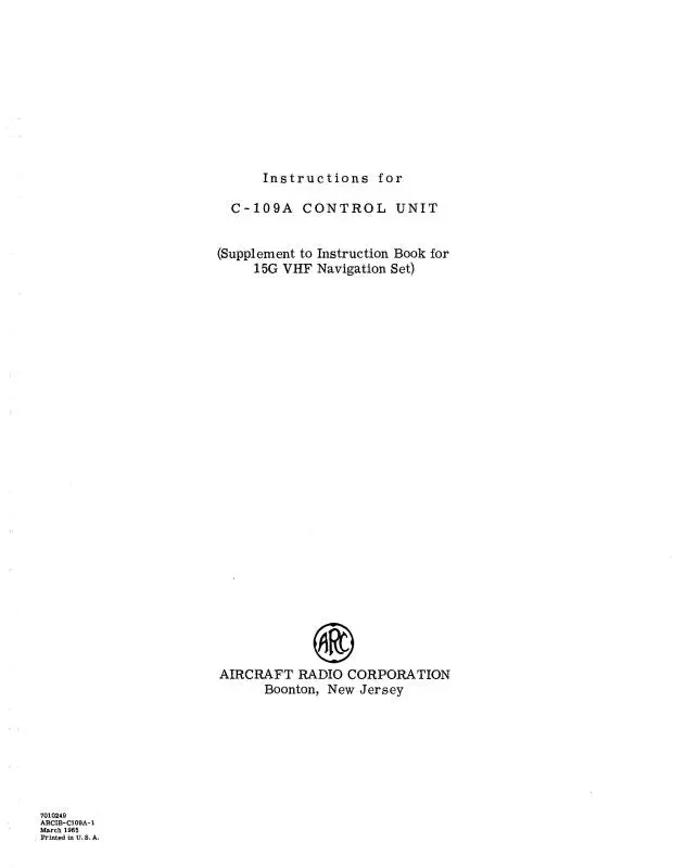 Aircraft Radio Corporation Arc C-109A Control Unit Instruction Book (Arc109a-In-C) 1