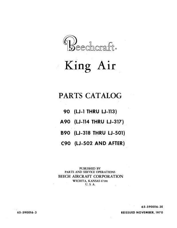 Beech 90, A,B,C90 King Air Parts Catalog (65-590016-3) 1