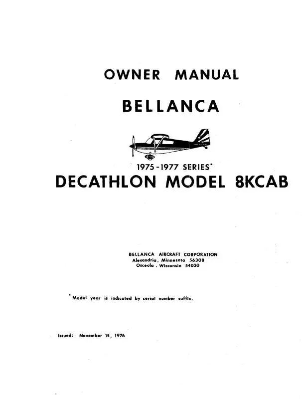 Bellanca 8Kcab Decathlon 1975-77 Owner's Manual (Be8kcb75-77-O) 1