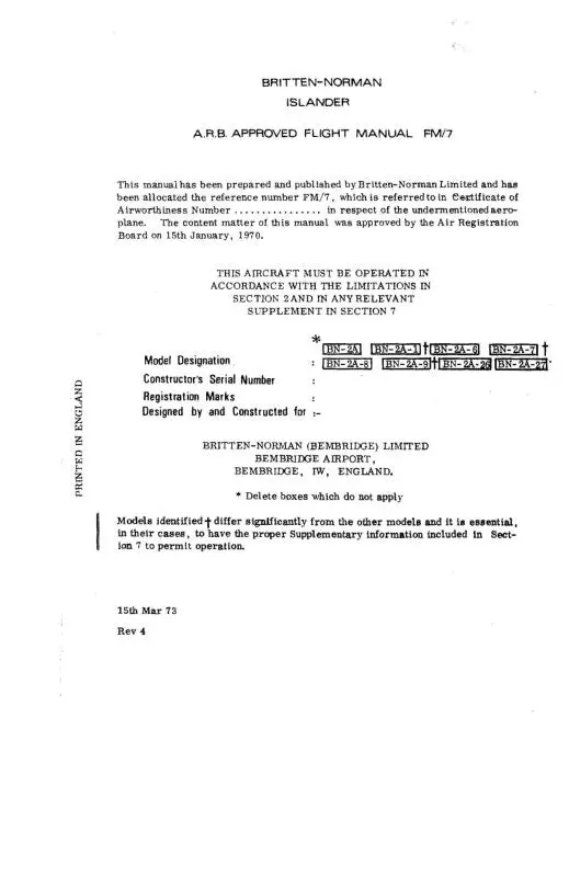 Britten-Norman Britten-Norman Islander Flight Manual (Bbbn-F-C) 1