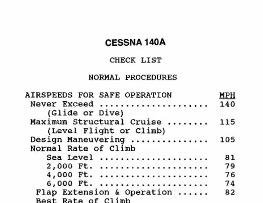Cessna 140A Pilot's Checklist 1