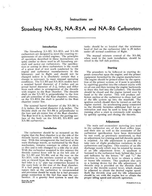 Bendix Na-R5,A,-R6 Stromberg Carb Instructions (Bxnar5-In-C) 1