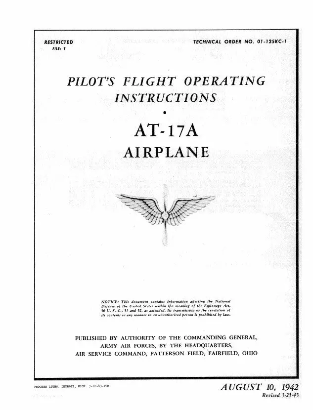 Cessna Army Model At-17A 1942 Pilot's Flight Operating Instructions (01-125Kc-1) 1