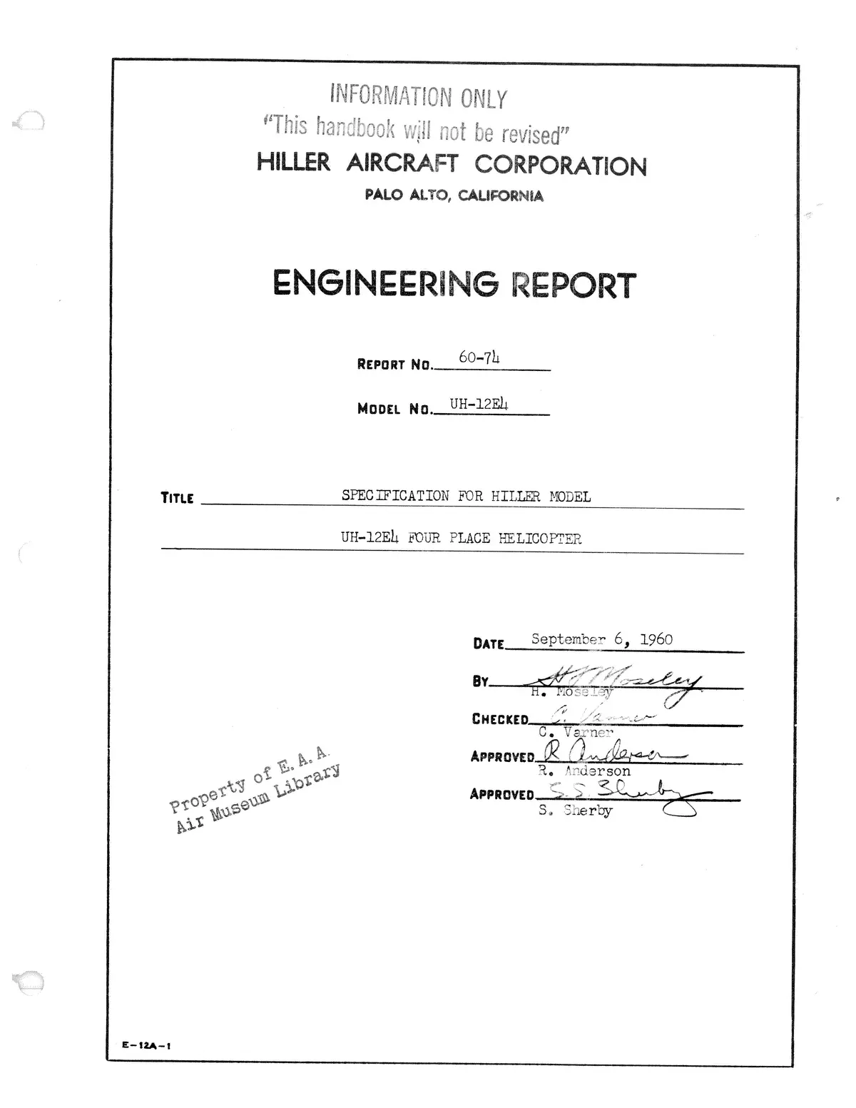 Hiller Helicopters Uh-12E4 1960 Engineering Report (60-74) 1