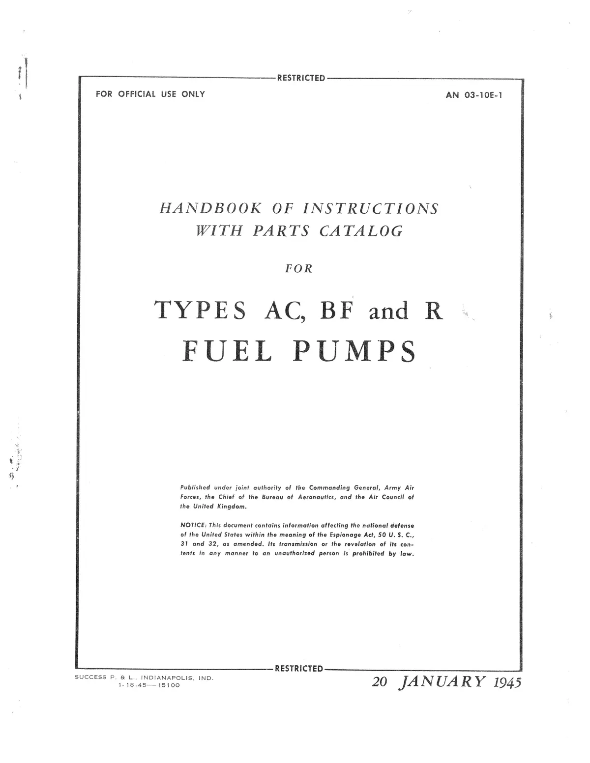 Ac, Bf And R Fuel Pumps Handbook Of Instruction With Parts Catalog (03-10E-1) 1