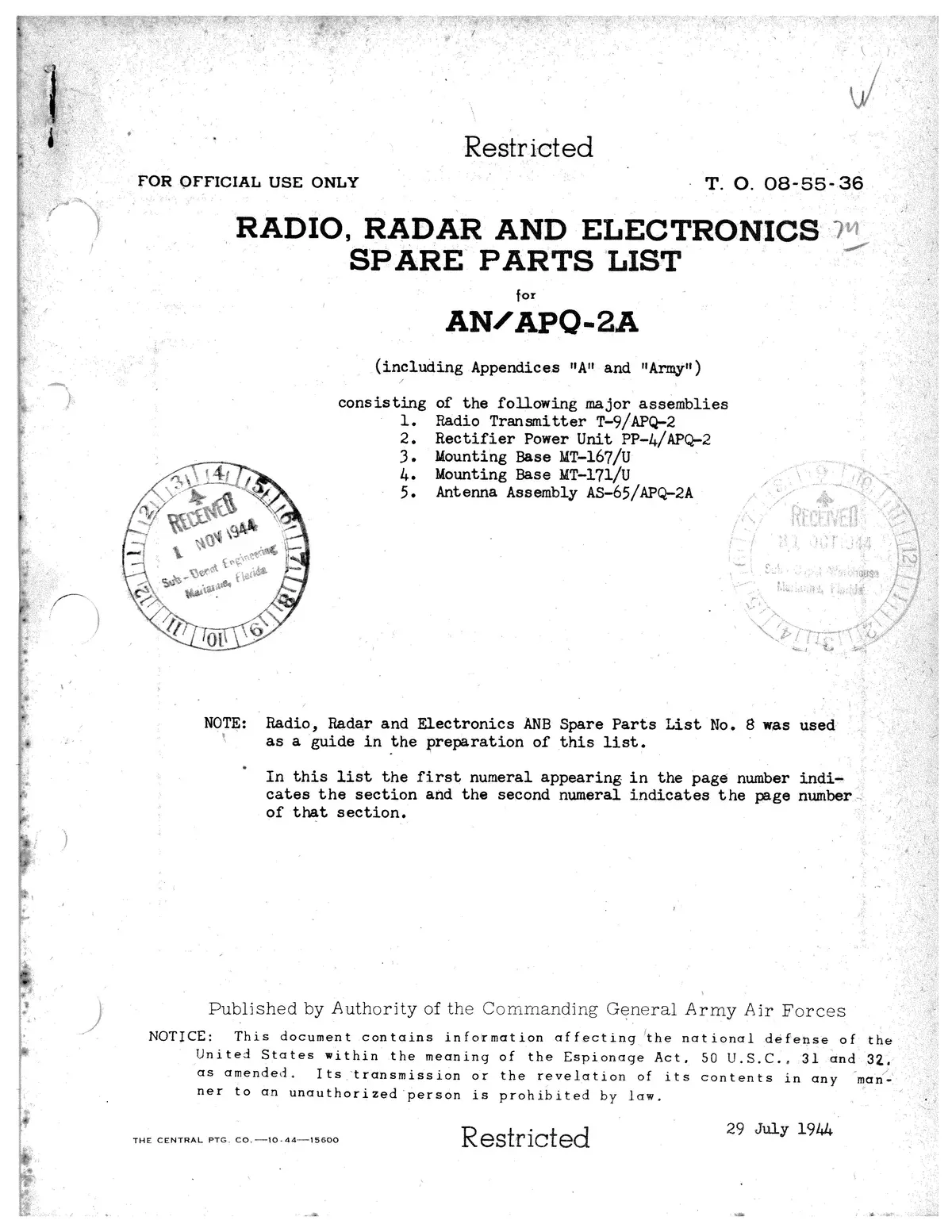 Transmitting Equipment An-Apq-2A Radio, Radar And Electronics Spare Parts List (08-55-36) 1
