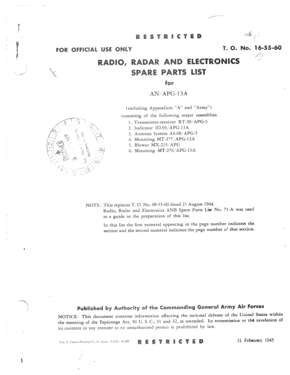 Radar Set An-Apg-13A Radio, Radar And Electronics Spare Parts List (16-55-60) 1