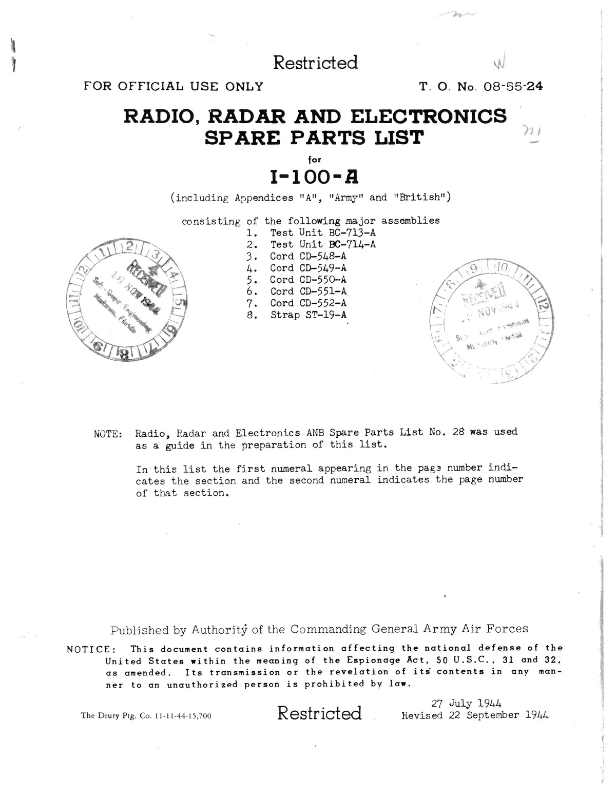Radio, Radar And Electronics I-100-A Spare Parts List (08-55-24) 1