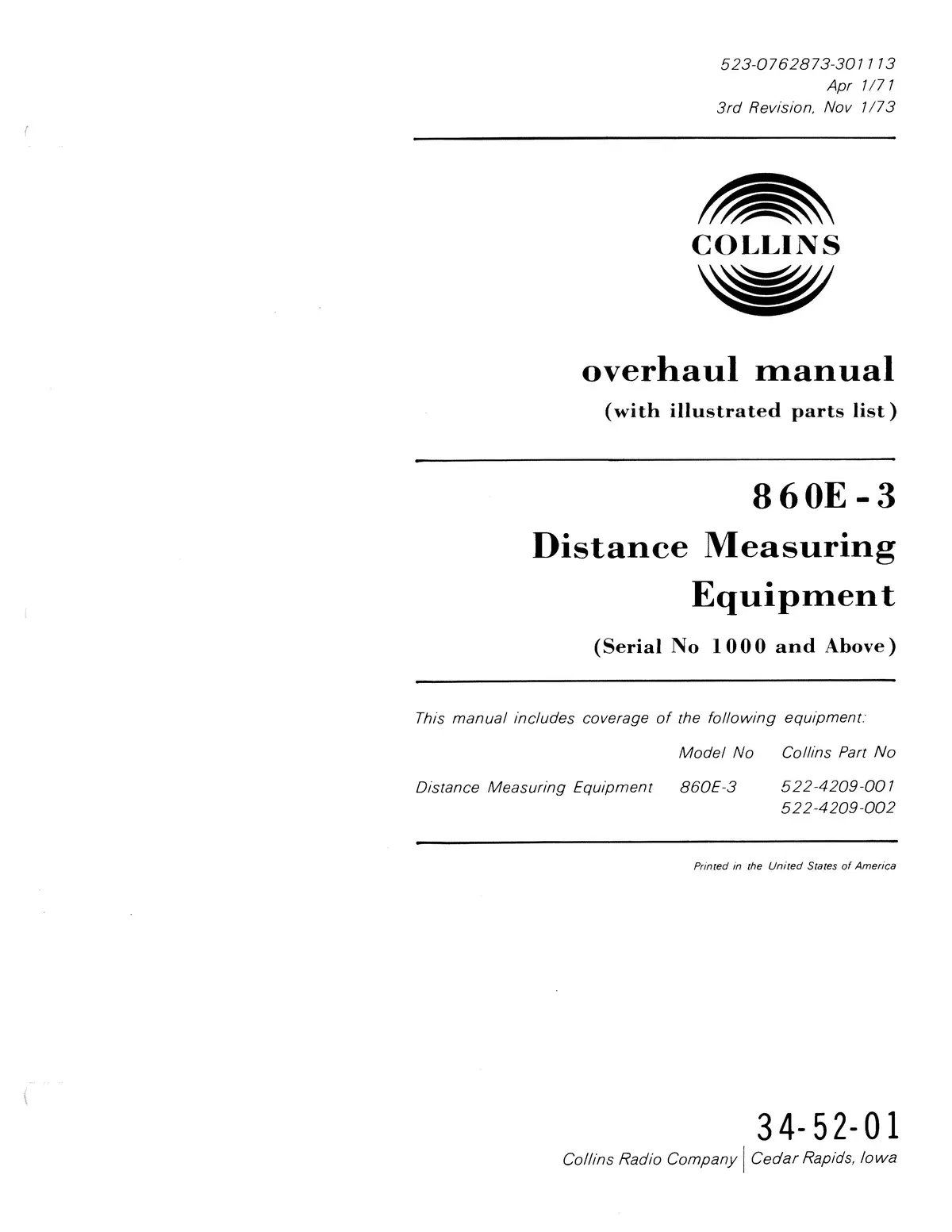 Collins 860E-3 Dme Overhaul Manual With Illustrated Parts List (523-0762873-301113) 1