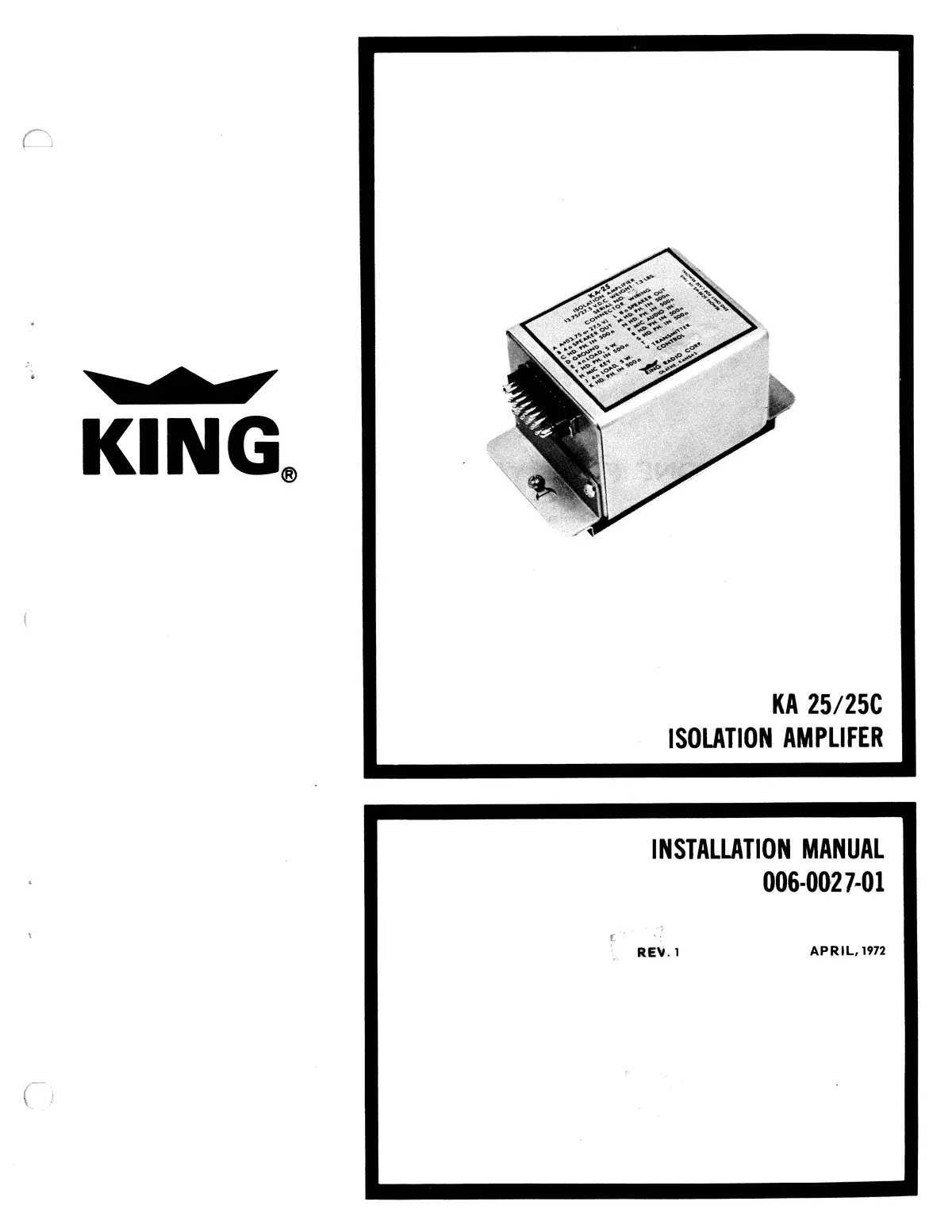 King Ka 25-25C Isolation Amplifer Installation Manual (006-0027-01) 1