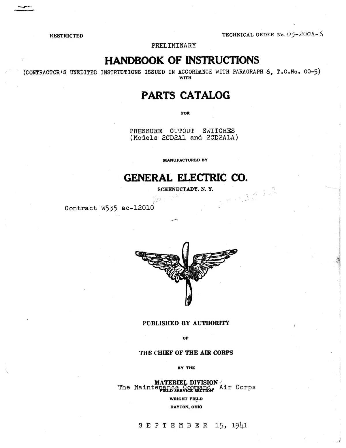 General Electric Company Pressure Cutout Switches 2Cd2a1 & 2Cd2a1a Instructions With Parts Catalog (03-20Ca-6) 1