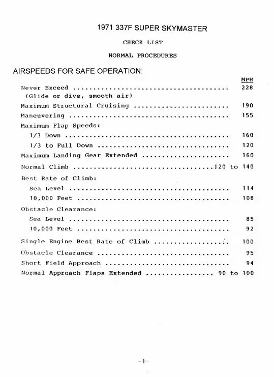Cessna 337F 1971 Super Skymaster Checklist 1