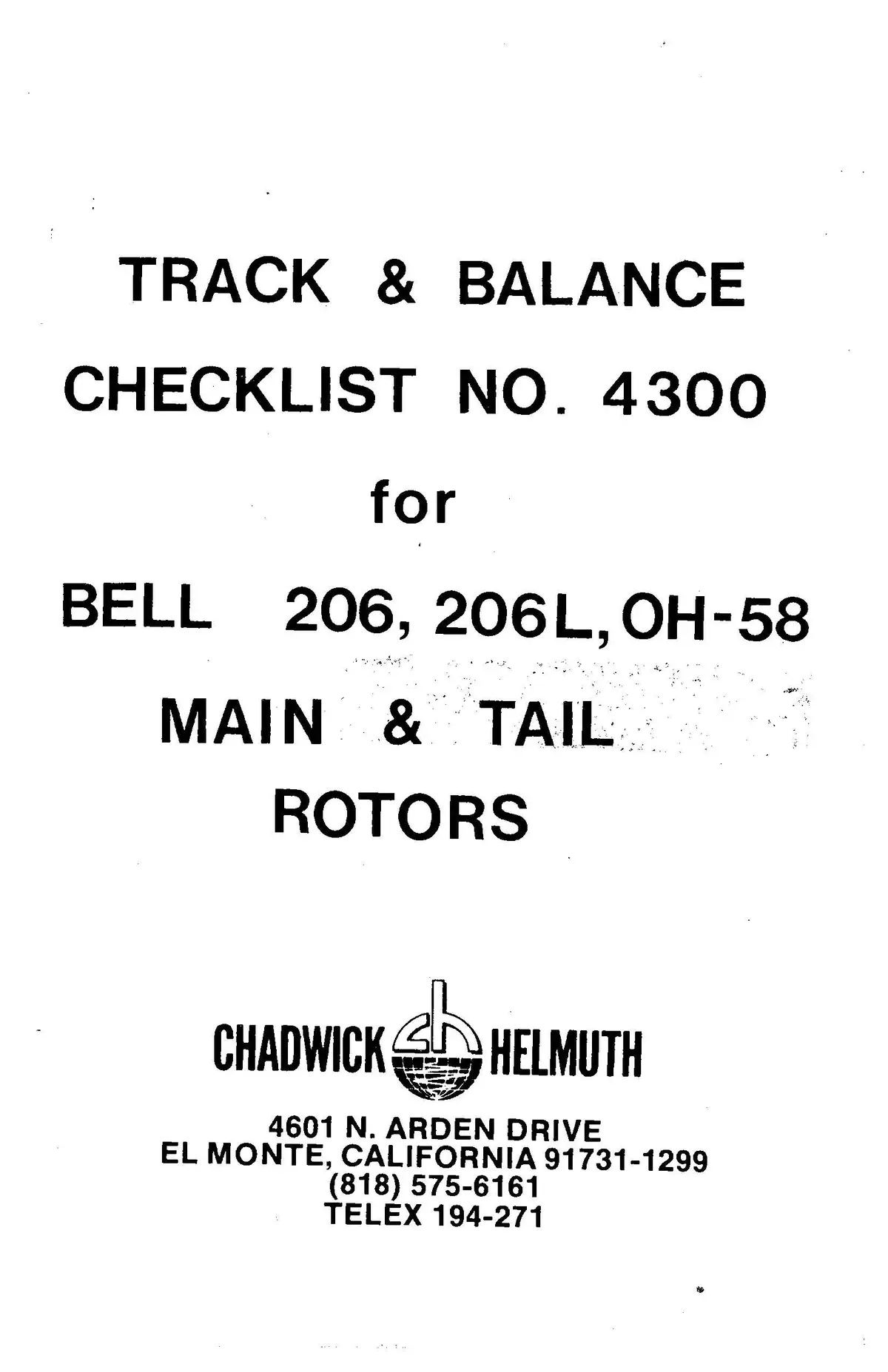 Bell Helicopter 206, 206L, Oh-58 Main & Tail Rotors Track & Balance Checklist No. 4300 1