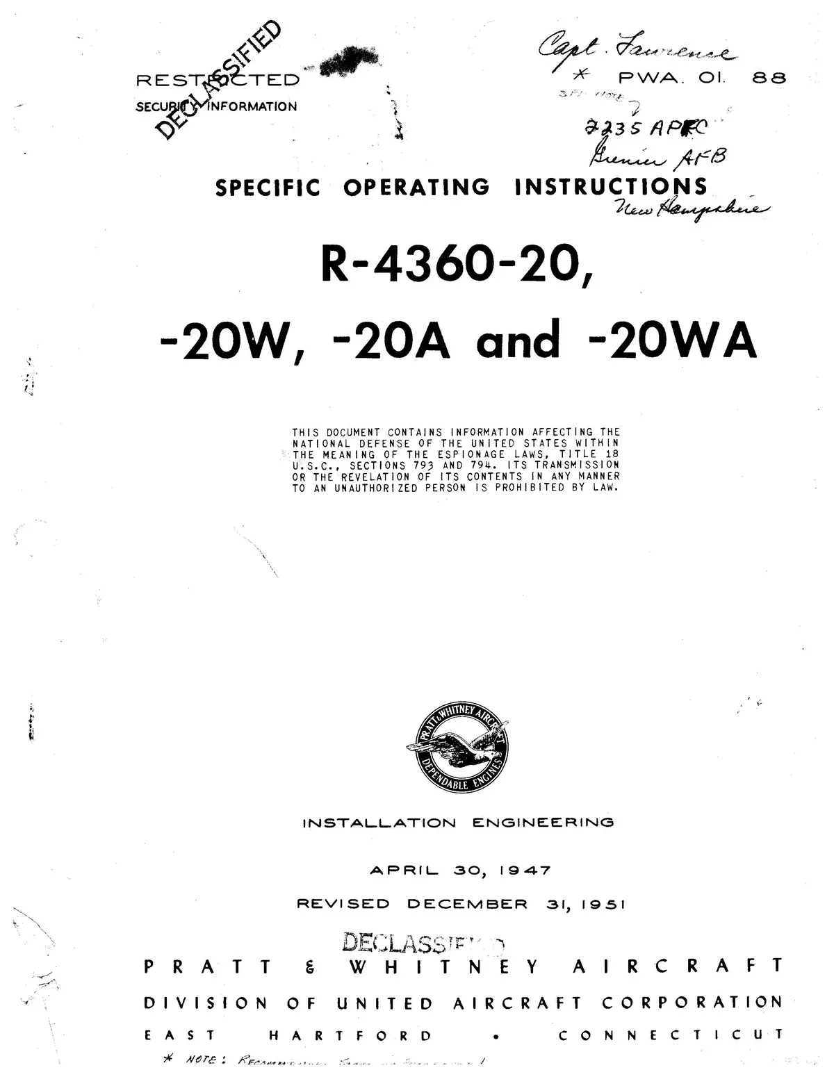 Pratt & Whitney R-4360-20, -20W, -20A, -20Wa Specific Operating  Instructions (Pwa. Io. 88) 1